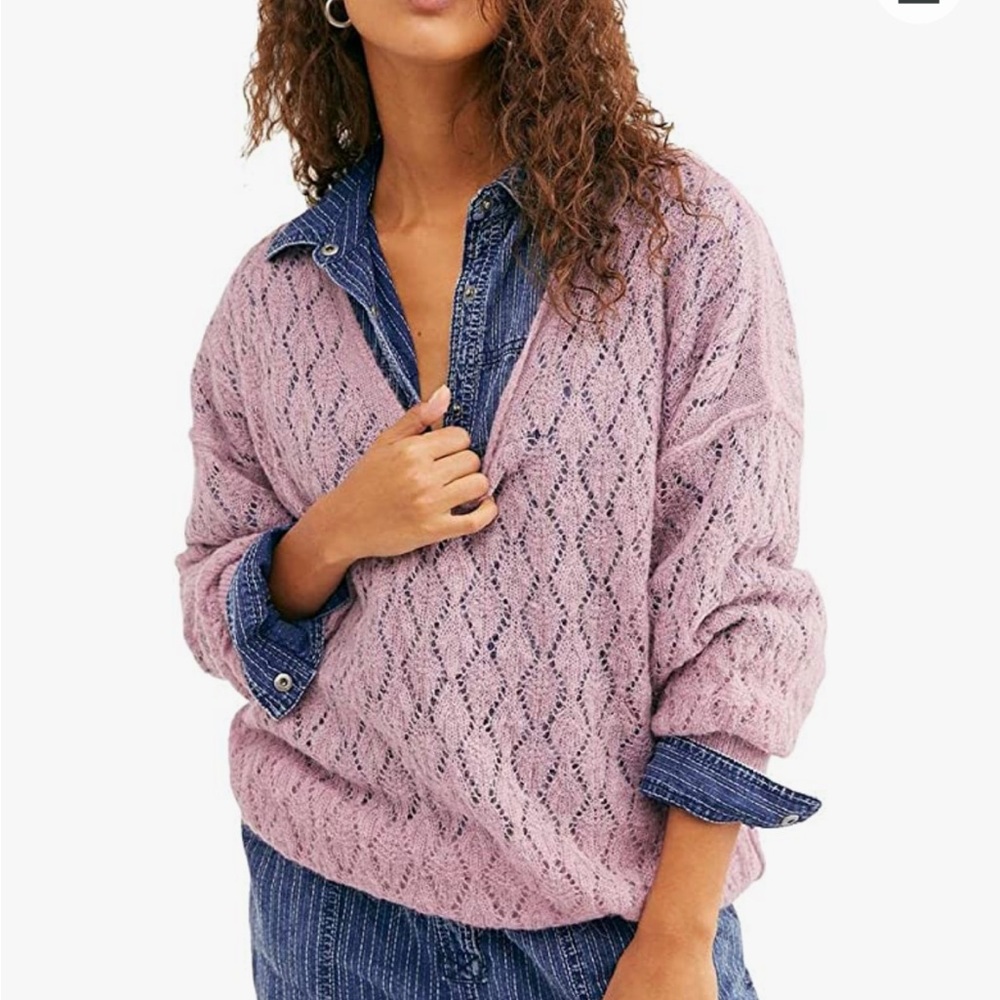 New Free People Sweater Lilac Say Hello Oversized Open Knit